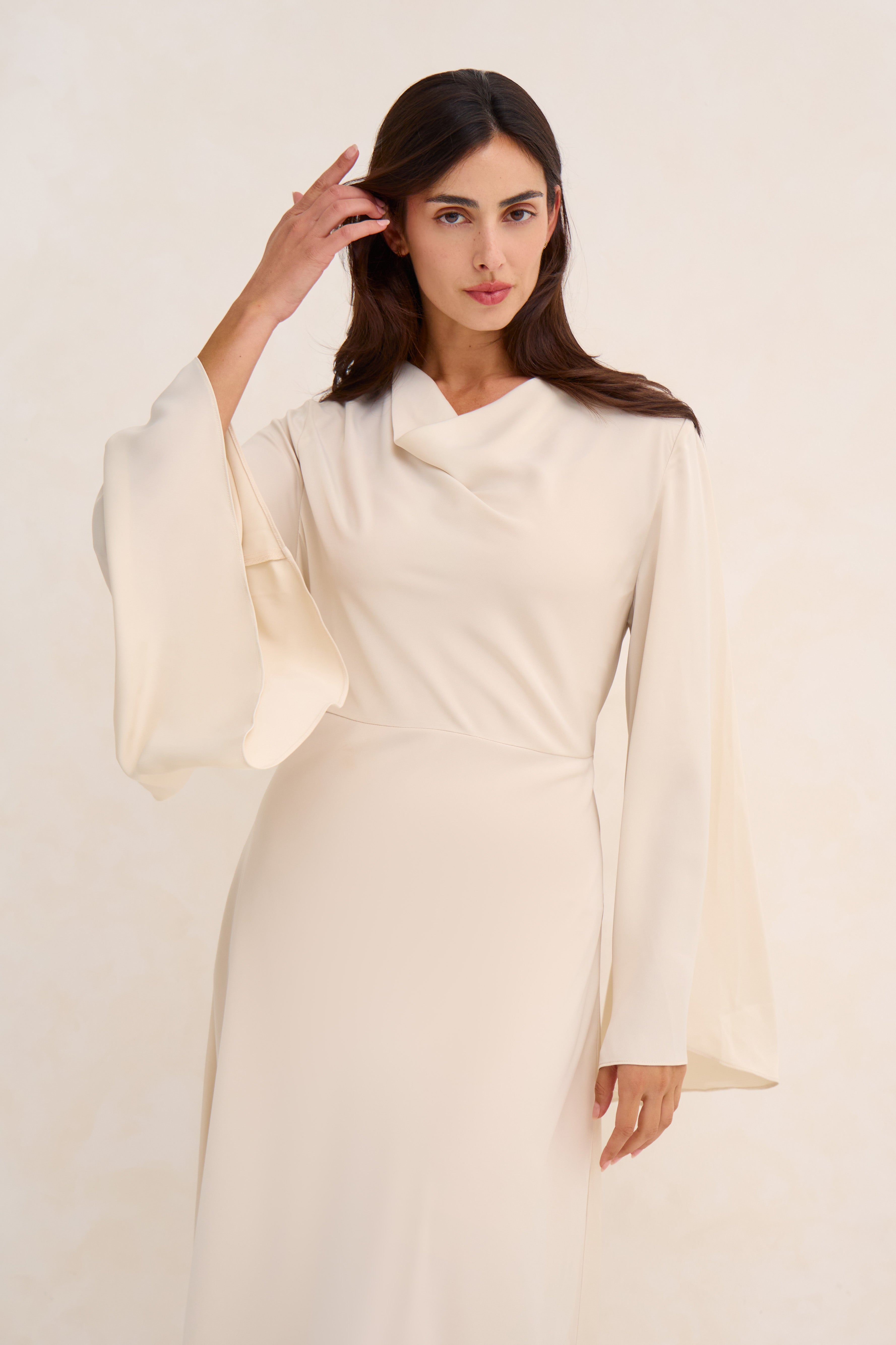 Off White Cowl Neck Satin Dress