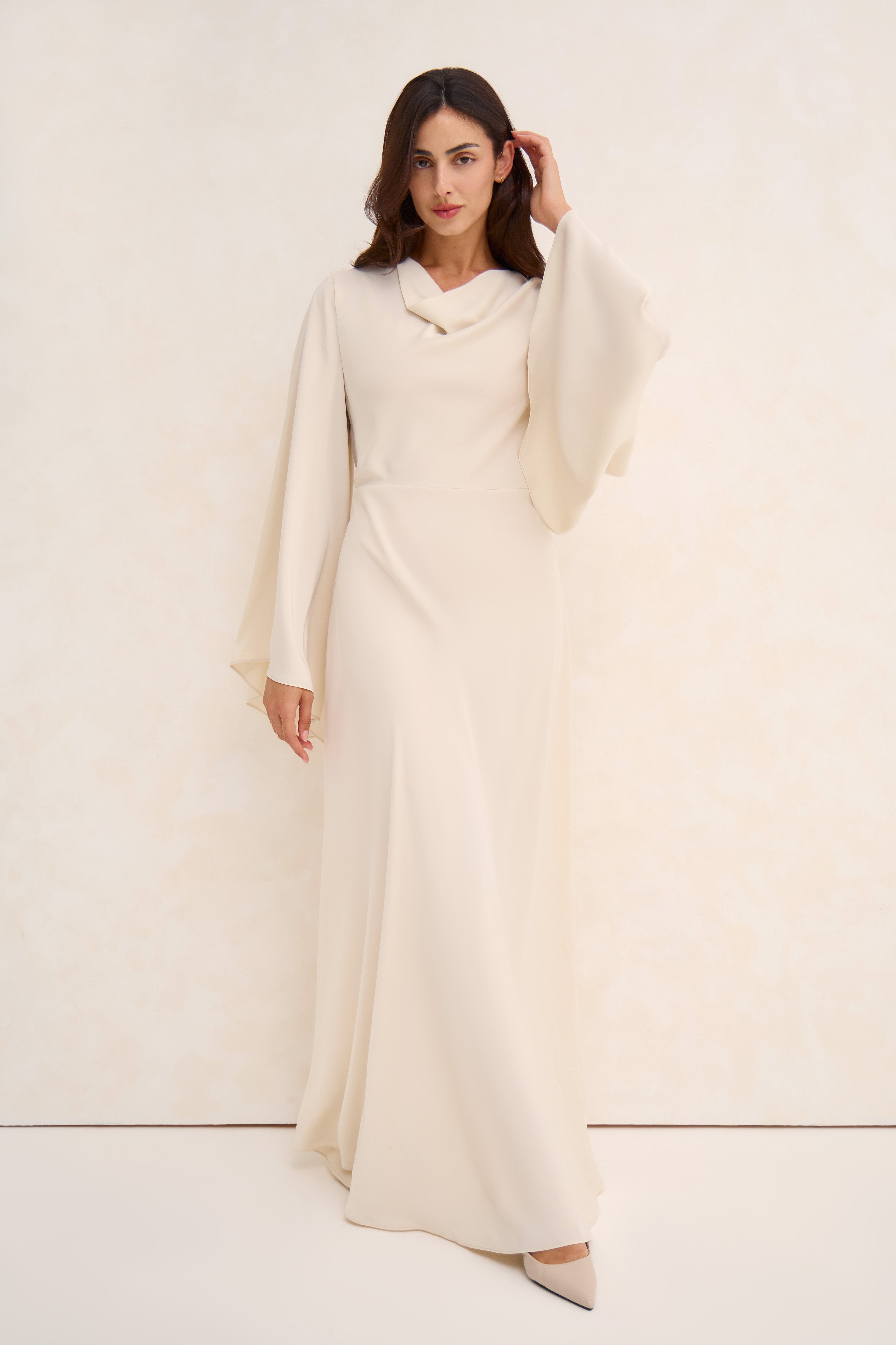Off White Cowl Neck Satin Dress