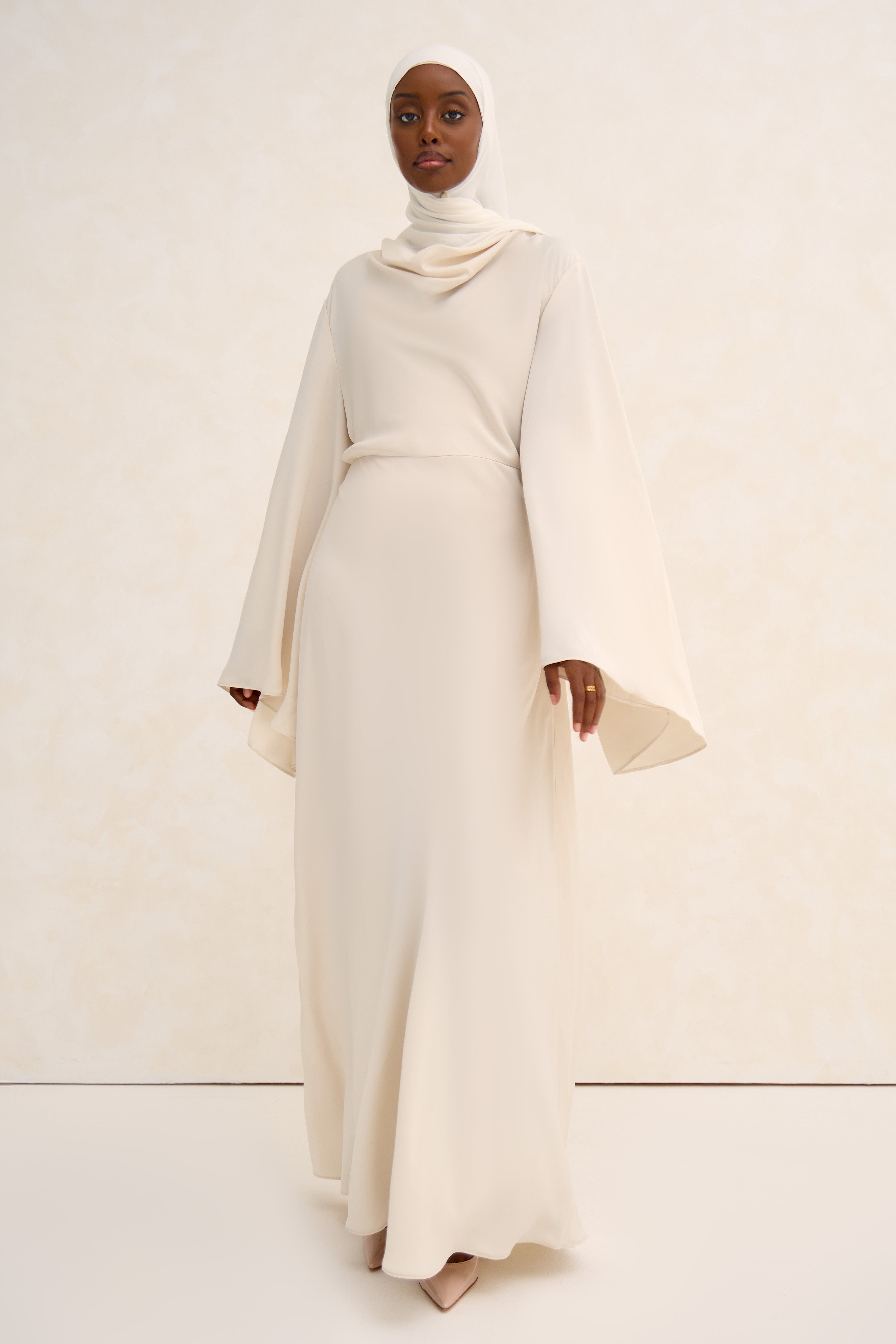 Off White Cowl Neck Satin Dress