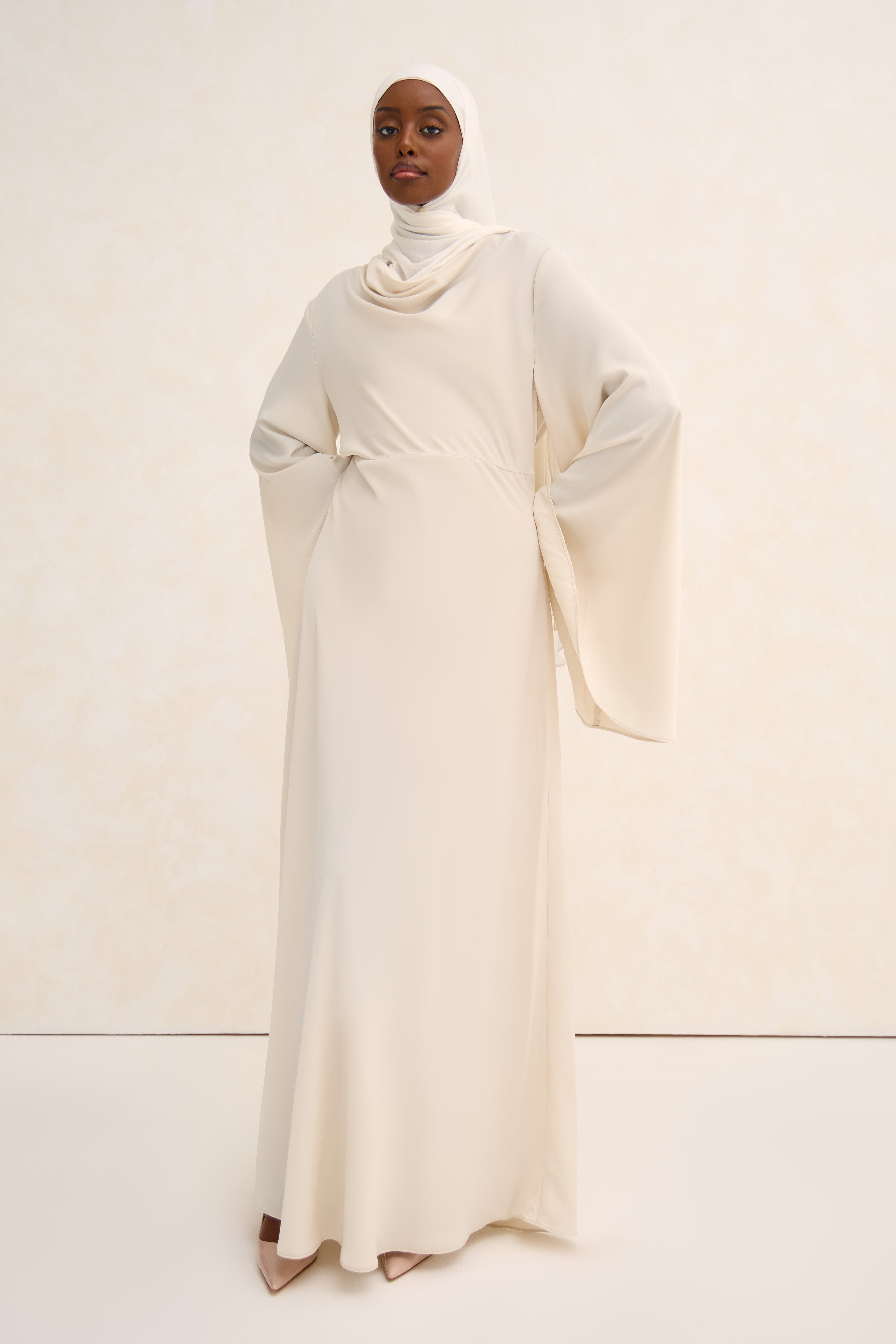 Off White Cowl Neck Satin Dress