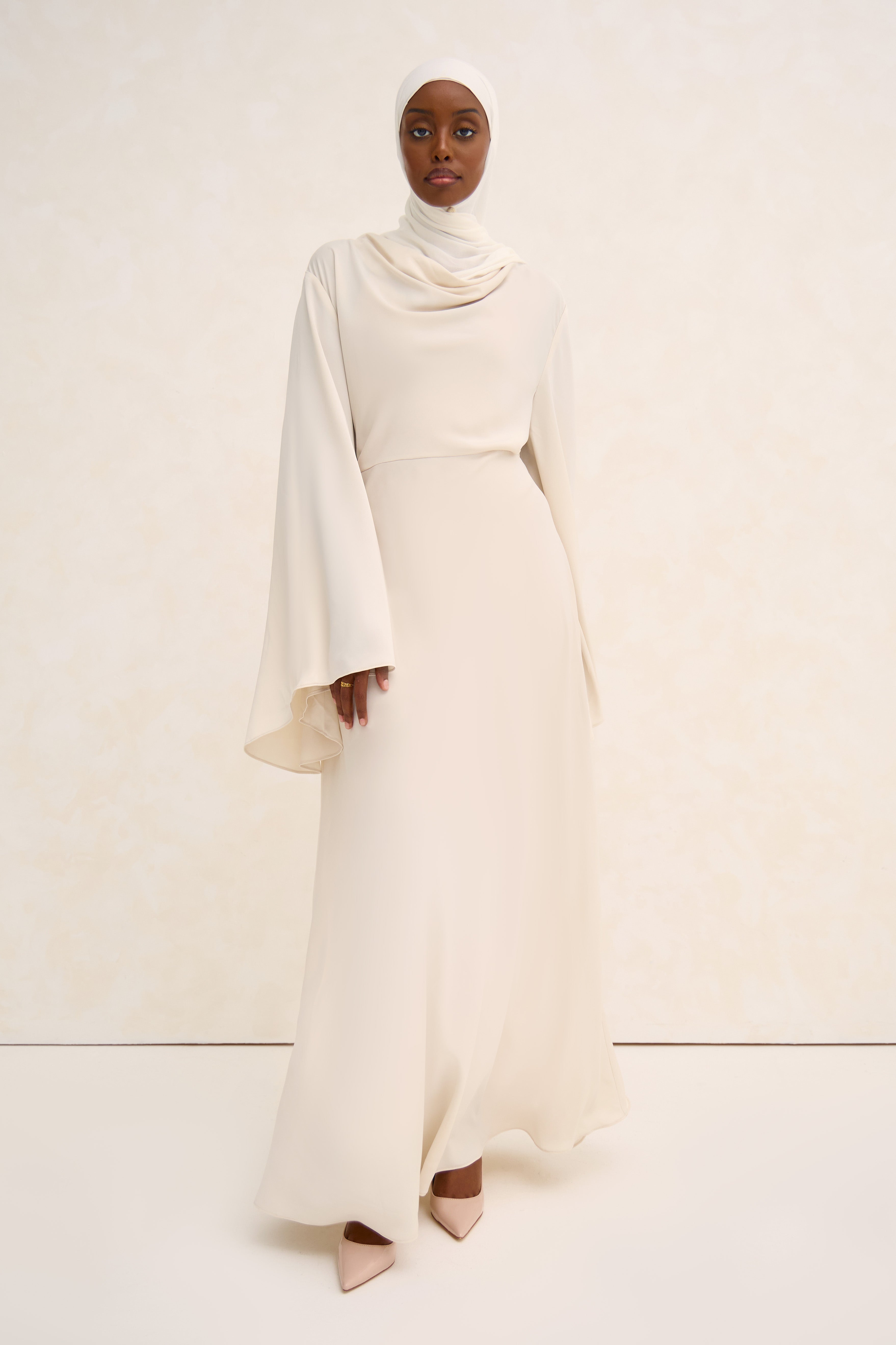 Off White Cowl Neck Satin Dress