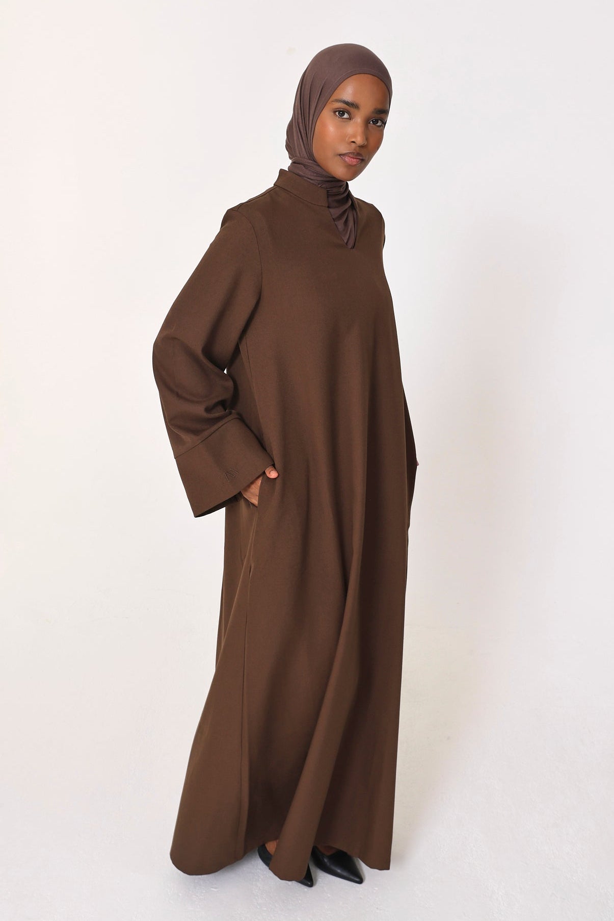 Dark Brown V Neck Abaya