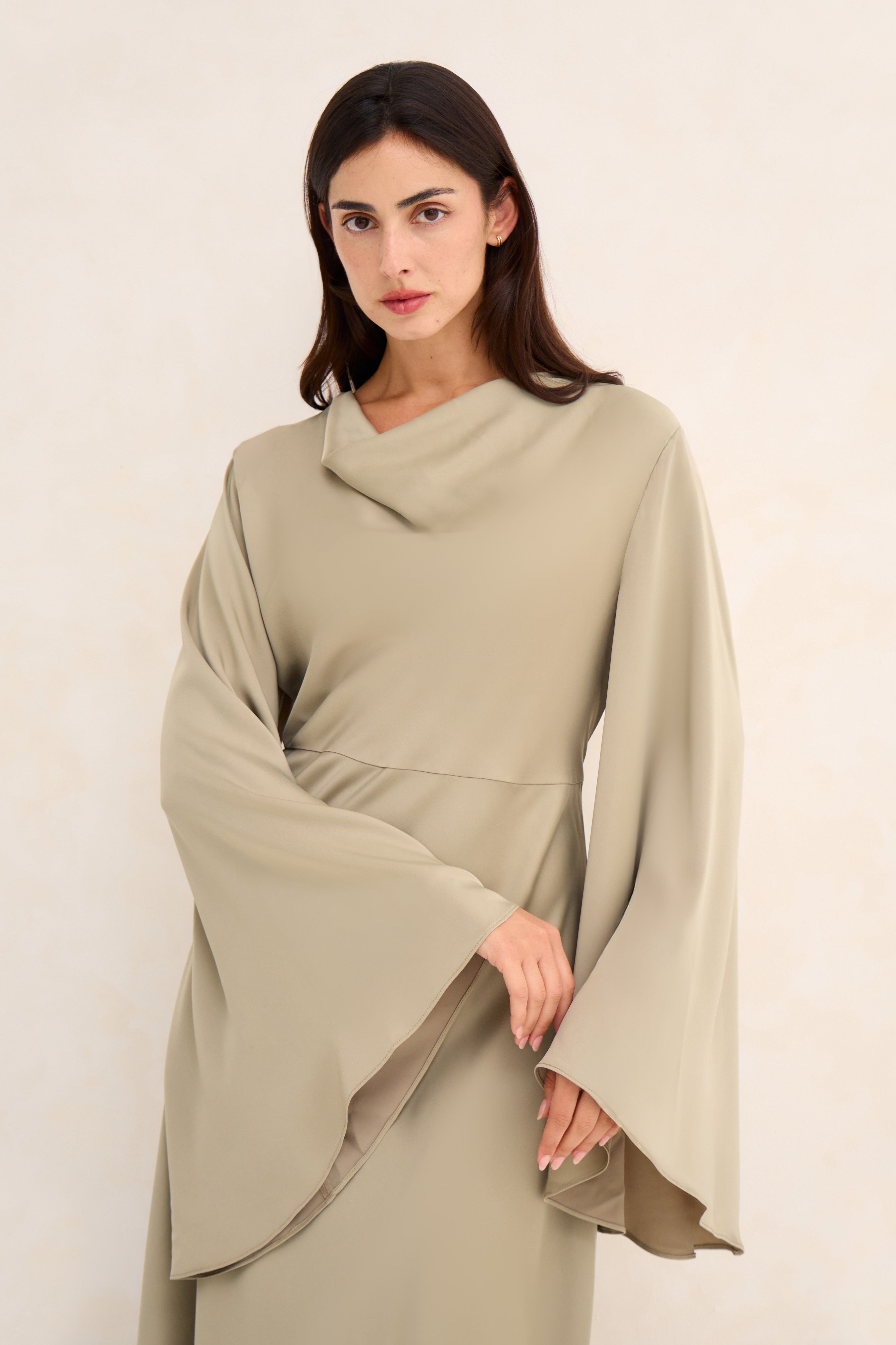 Grey Green Cowl Neck Satin Dress