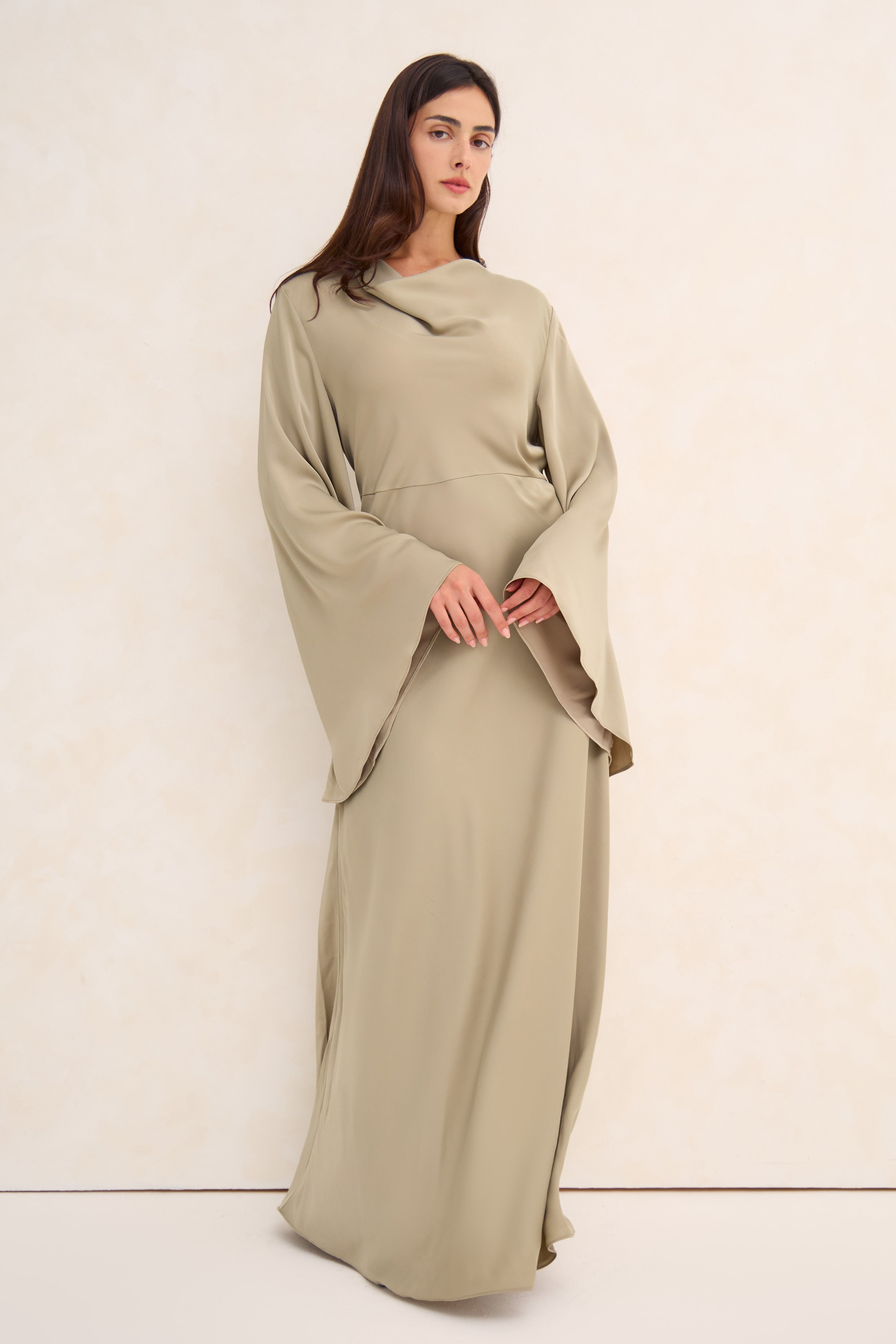 Grey Green Cowl Neck Satin Dress