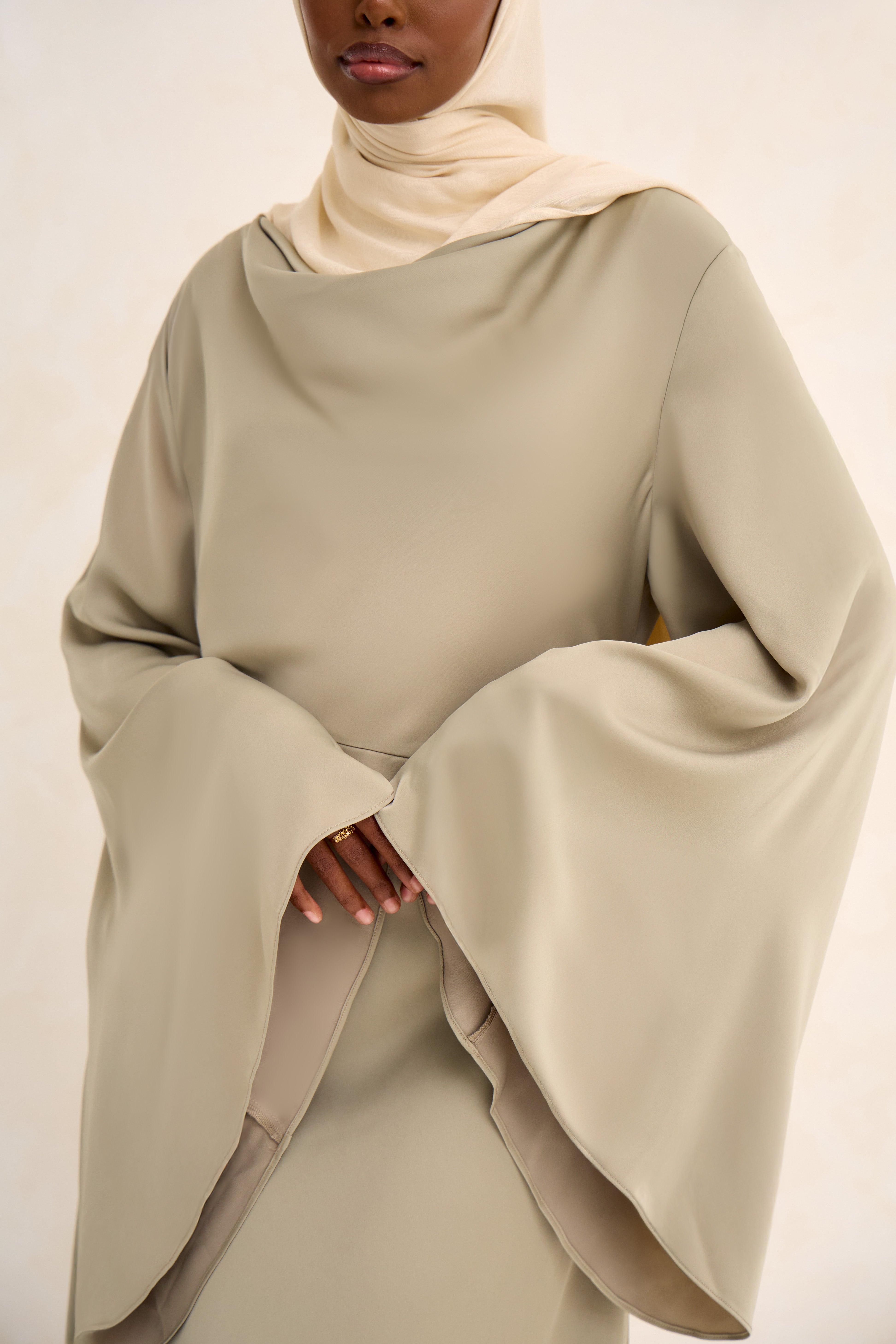 Grey Green Cowl Neck Satin Dress