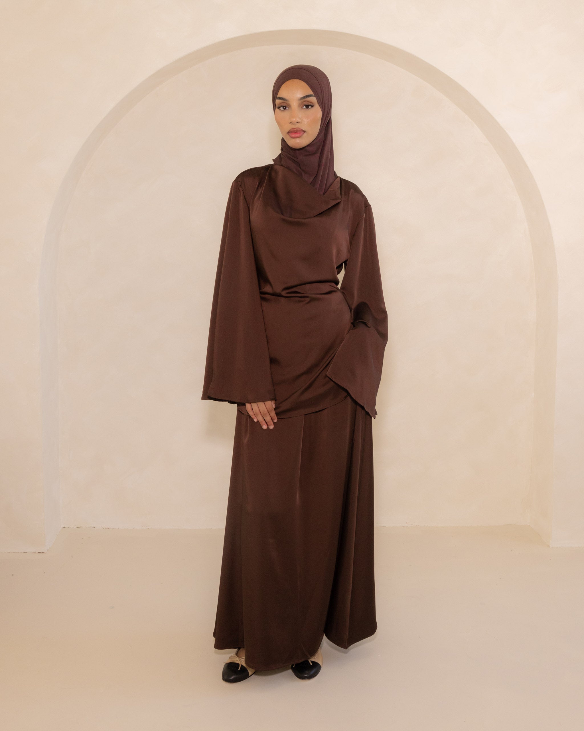Espresso Satin Cowl Neck Top