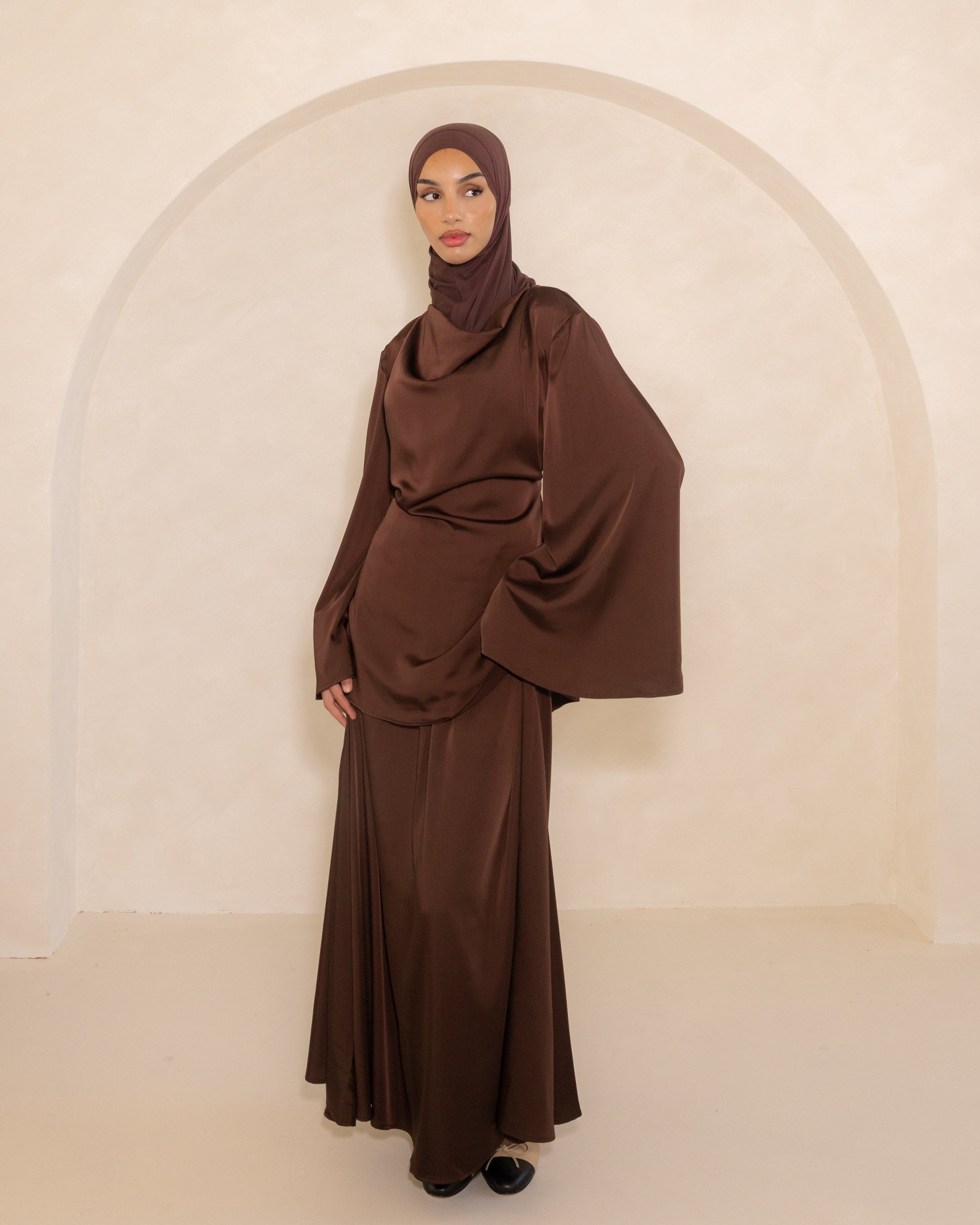 Espresso Satin Cowl Neck Top